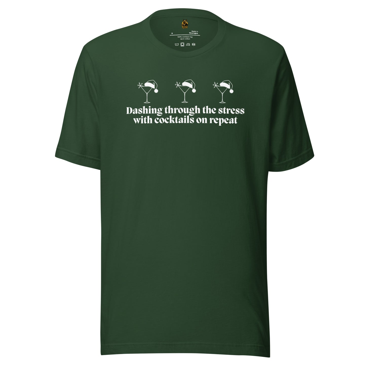 Hunter green unisex t-shirt with text 'dashing through the stress with cocktails on repeat' in white with 3 martini glasses – Boozie Adams