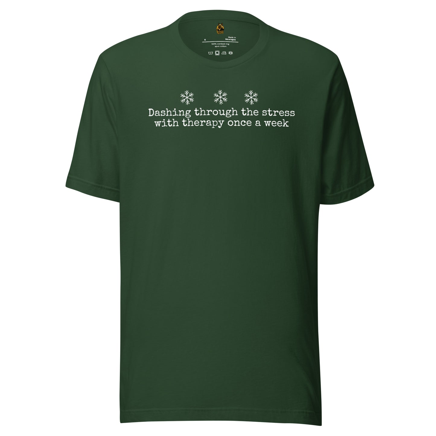 Hunter green unisex t-shirt with white 'Dashing through the stress with therapy once a week' text and snowflake graphics in white – Boozie Adams