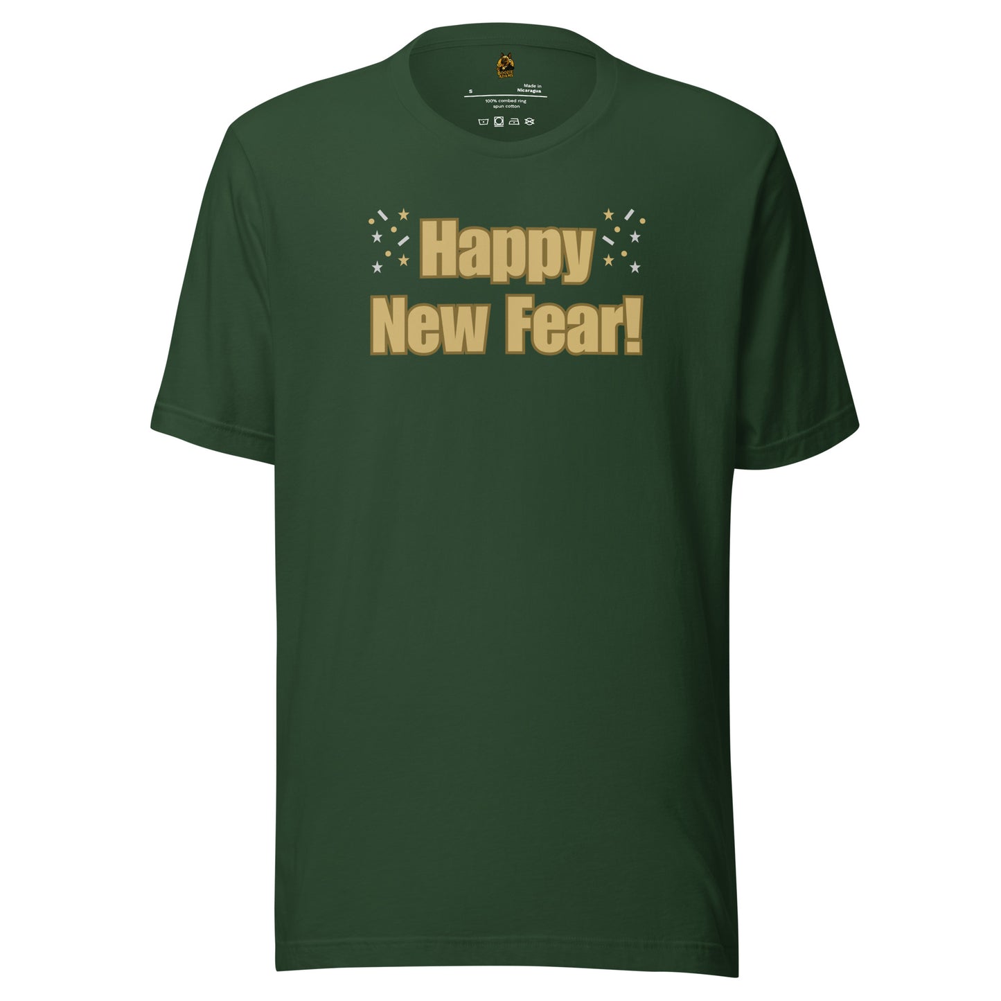 Forest green unisex t-shirt with 'Happy New Fear!' text in gold – Boozie Adams