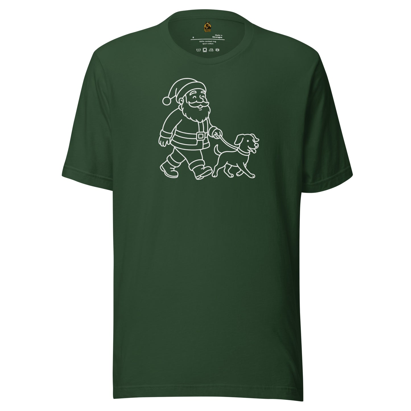 Forest green unisex t-shirt with a white graphic of Santa Claus walking a dog – Boozie Adams