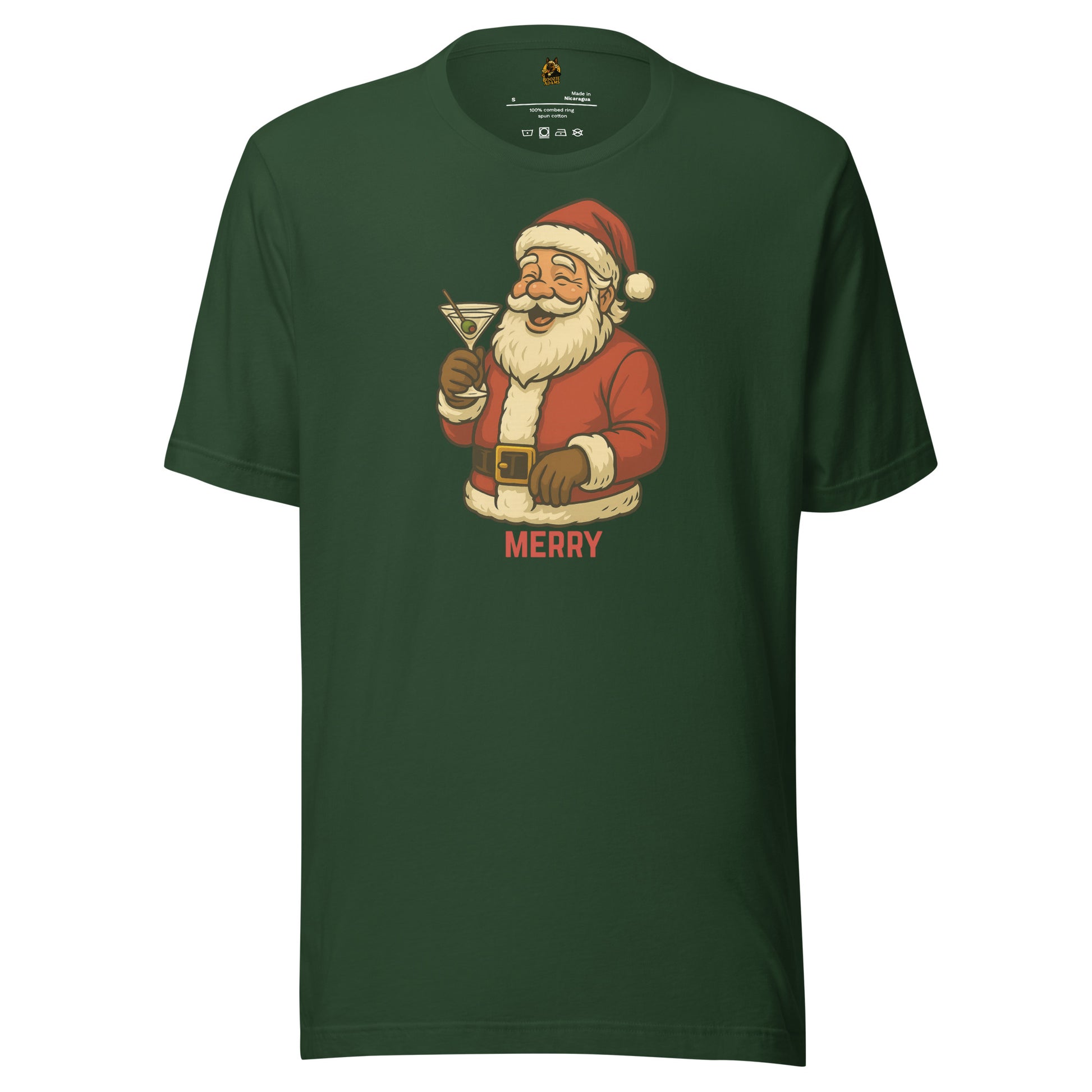Forrest green unisex t-shirt with a graphic of Santa Claus holding a martini glass and the word 'MERRY' – Boozie Adams