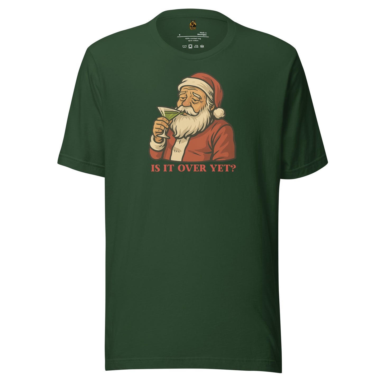 Forest Green unisex t-shirt with Santa Claus drinking a martini graphic and text 'IS IT OVER YET?' – Boozie Adams