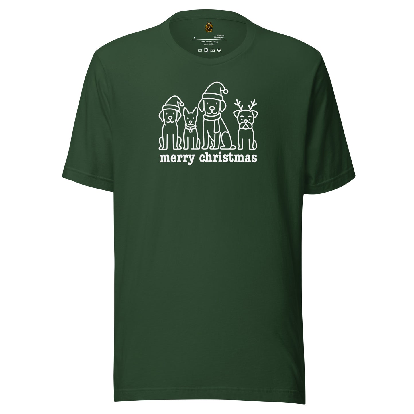 Forest green unisex t-shirt with white graphic of dogs in santa hats with 'merry christmas' text – Boozie Adams