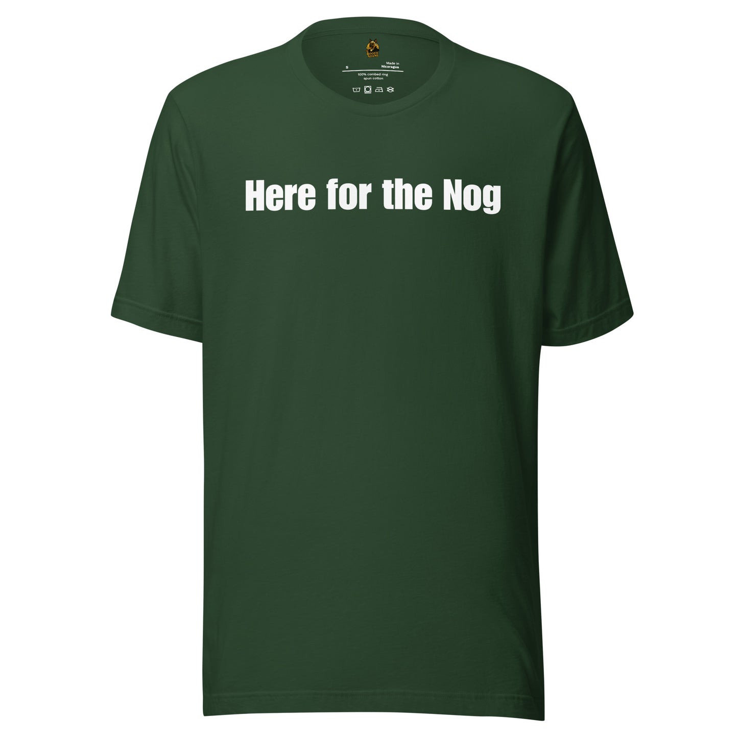 Forest green unisex t-shirt with 'Here for the Nog' text in white – Boozie Adams