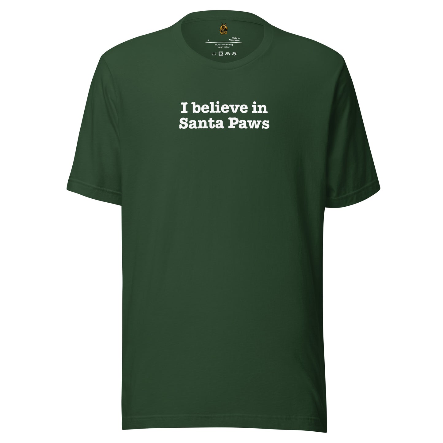 Forest green unisex t-shirt with 'I believe in Santa Paws' text in white – Boozie Adams