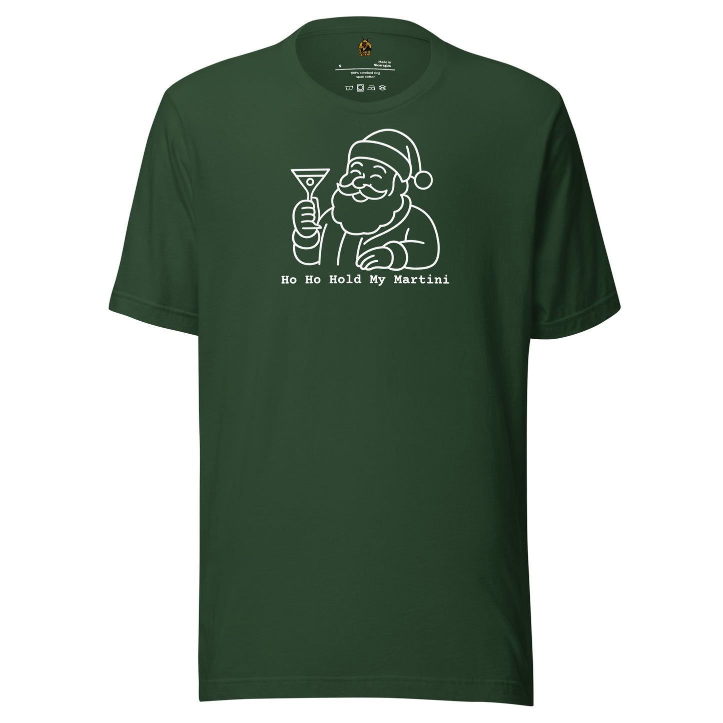 Forest green unisex t-shirt with a graphic of Santa Claus holding a martini glass and text 'Ho Ho Hold My Martini' in white – Boozie Adams