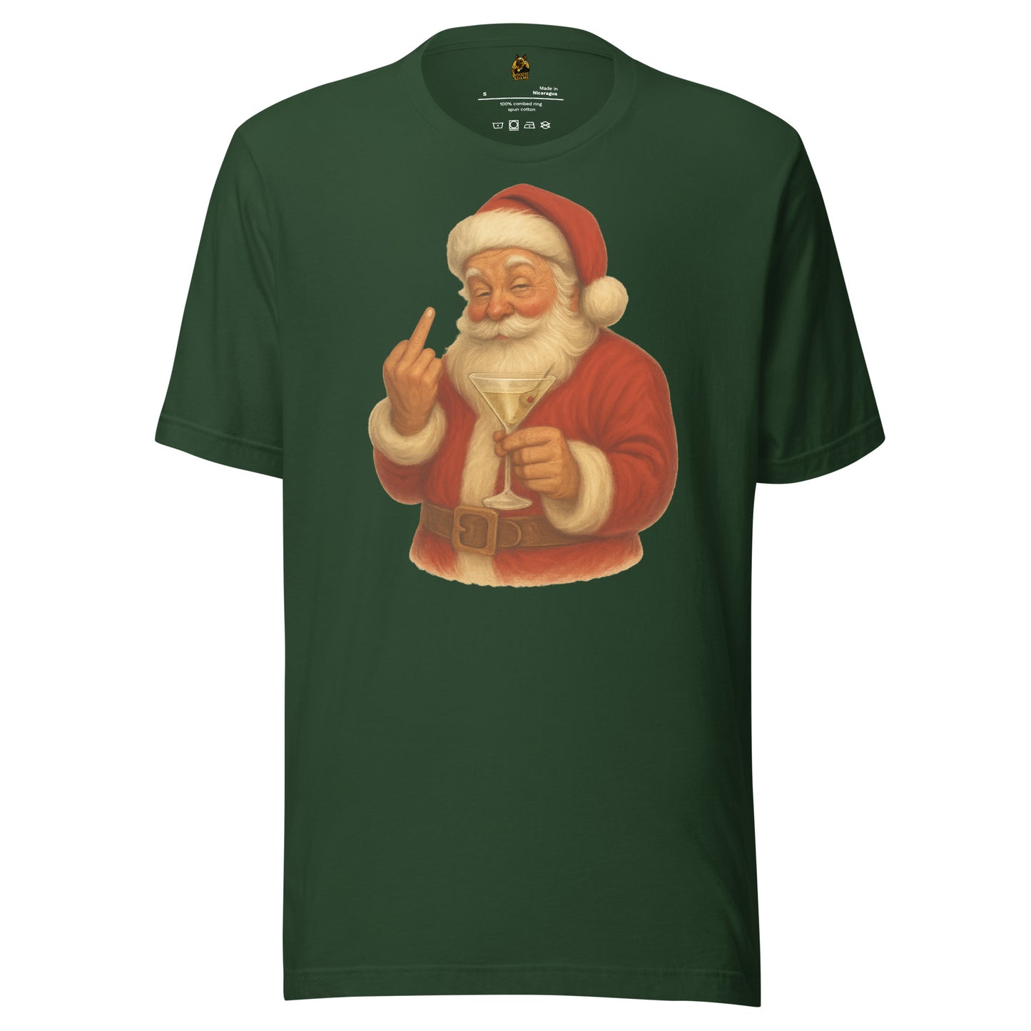 Forest green t-shirt with a graphic of a Santa Claus holding a martini glass and flipping the bird – Boozie Adams