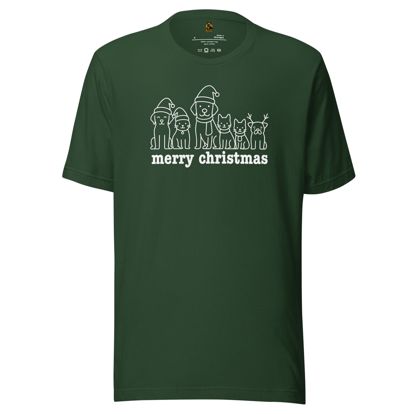 Forest green unisex t-shirt with cat & dog Christmas-themed design and 'merry christmas' text – Boozie Adams