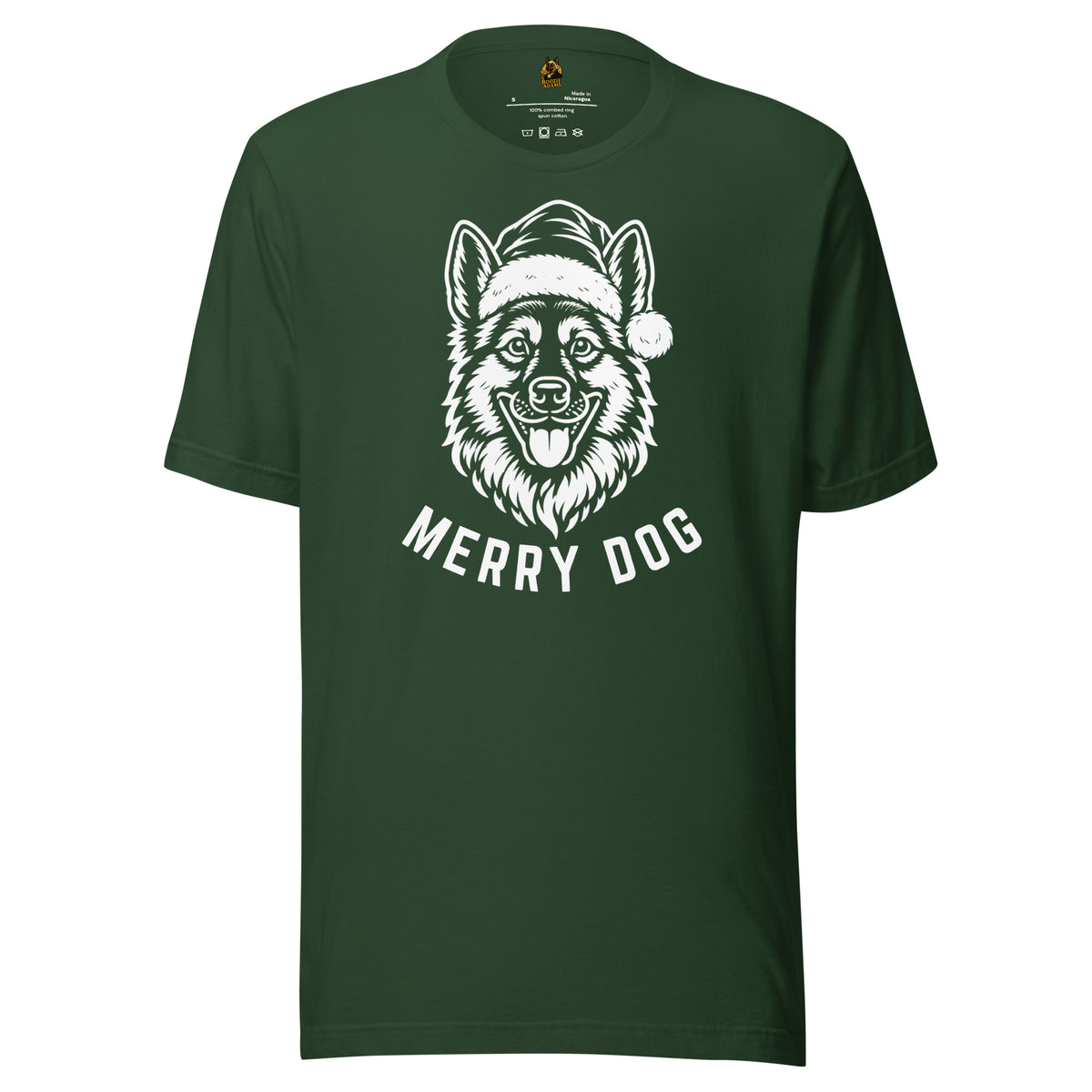 Green unisex t-shirt with image of dog wearing santa hat and text 'Merry dog' – Boozie Adams