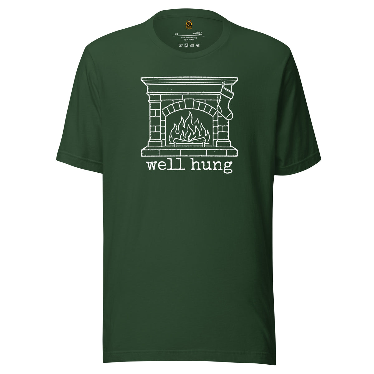 Forest green unisex t-shirt with graphic of stocking hanging from fire place and 'well hung' text – Boozie Adams