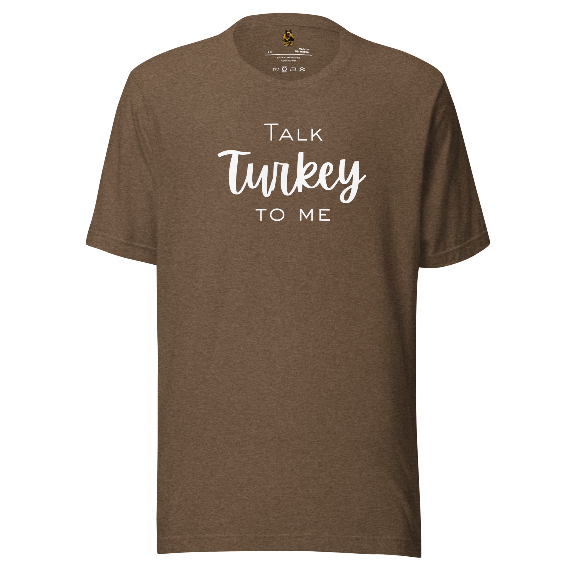 Brown unisex t-shirt with 'Talk Turkey To Me' white text – Boozie Adams