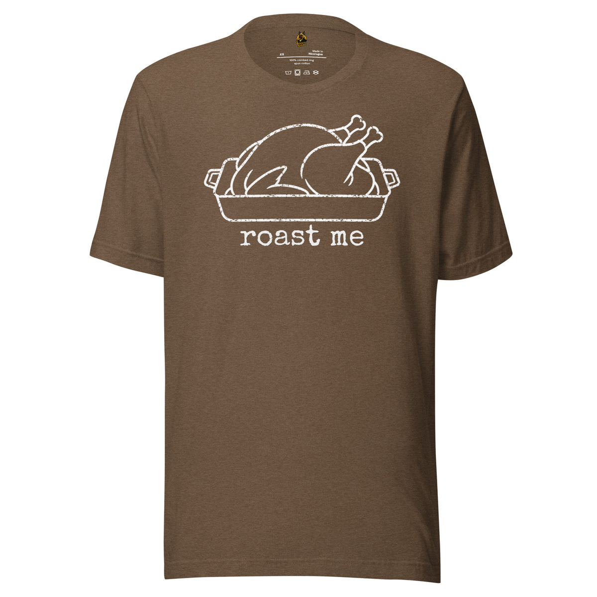 Heather brown t-shirt with graphic of turkey in roasting pan and 'roast me' text – Boozie Adams
