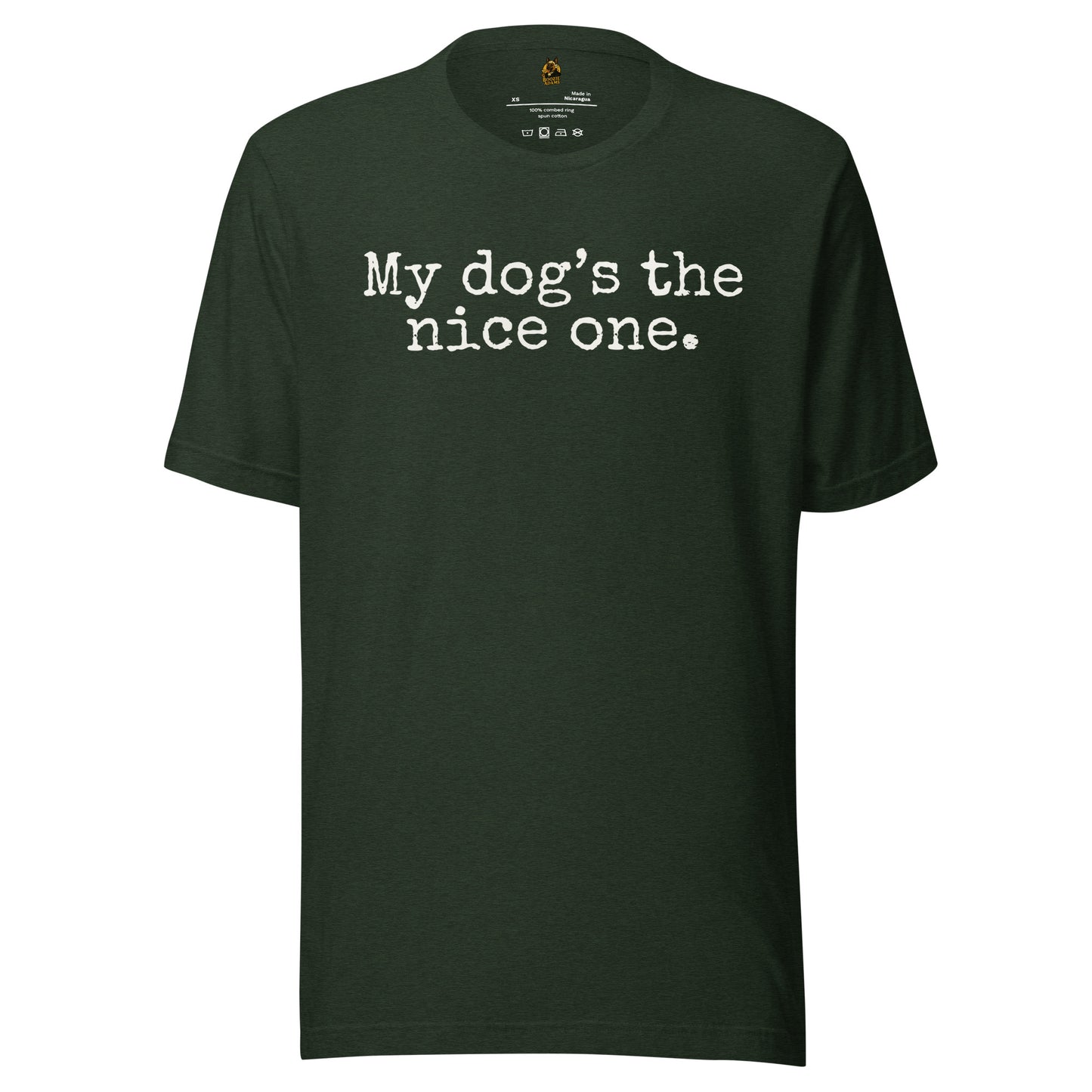 Heather green unisex t-shirt with 'My dog's the nice one.' text – Boozie Adams