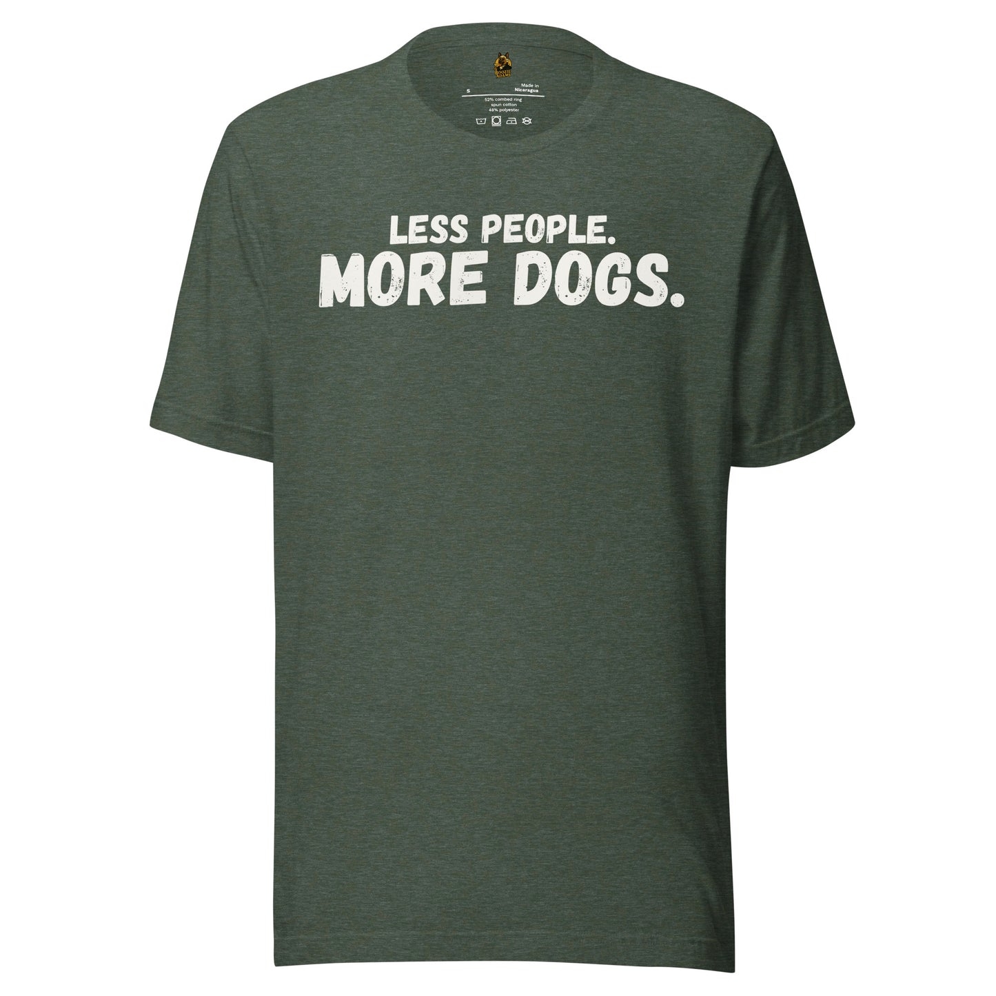 Heather green unisex t-shirt with text 'LESS PEOPLE. MORE DOGS.' – Boozie Adams
