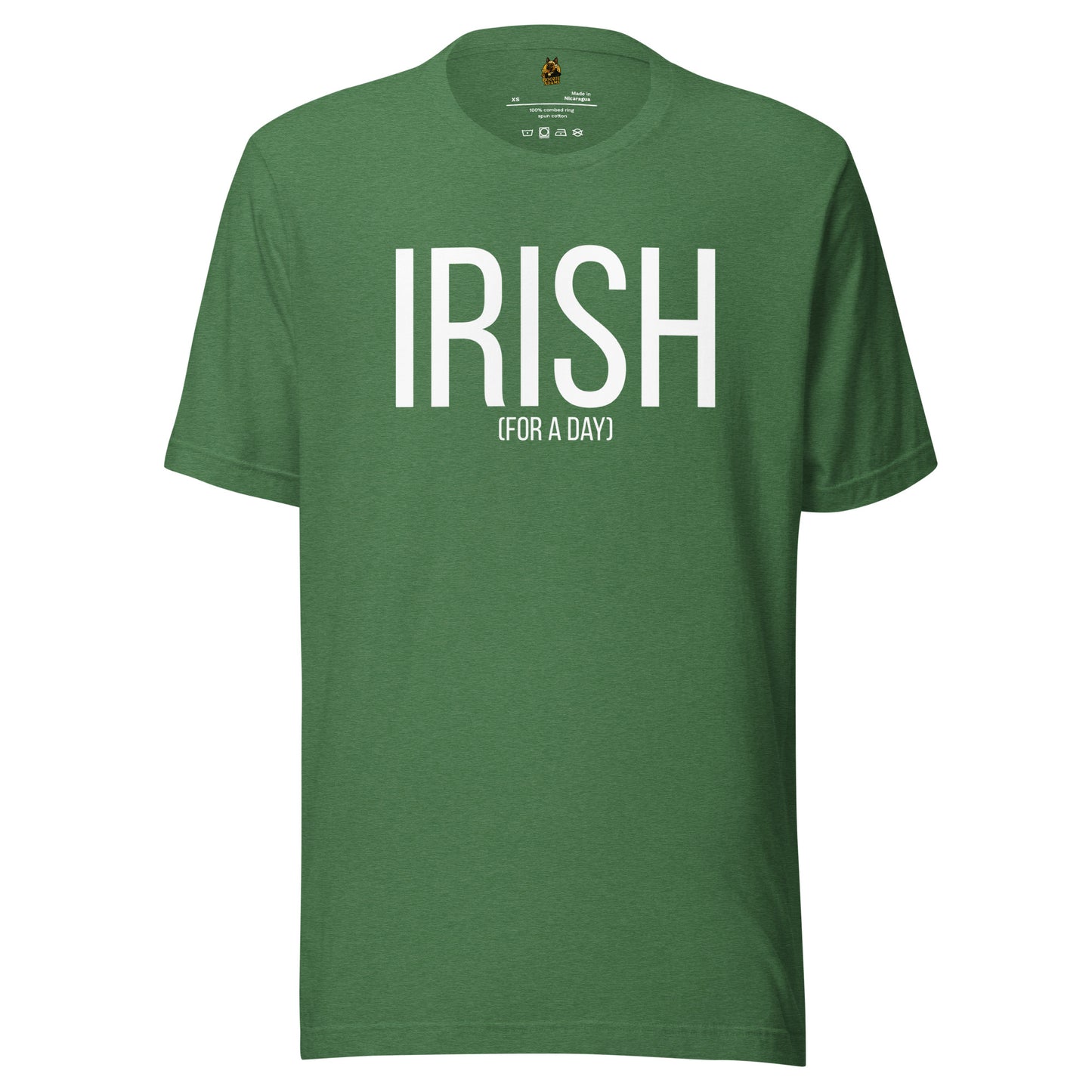 Heather Green unisex t-shirt with 'IRISH (FOR A DAY)' text in white  – Boozie Adams