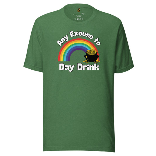 Heather green unisex t-shirt with rainbow, pot of gold, and text 'Any Excuse to Day Drink' – Boozie Adams