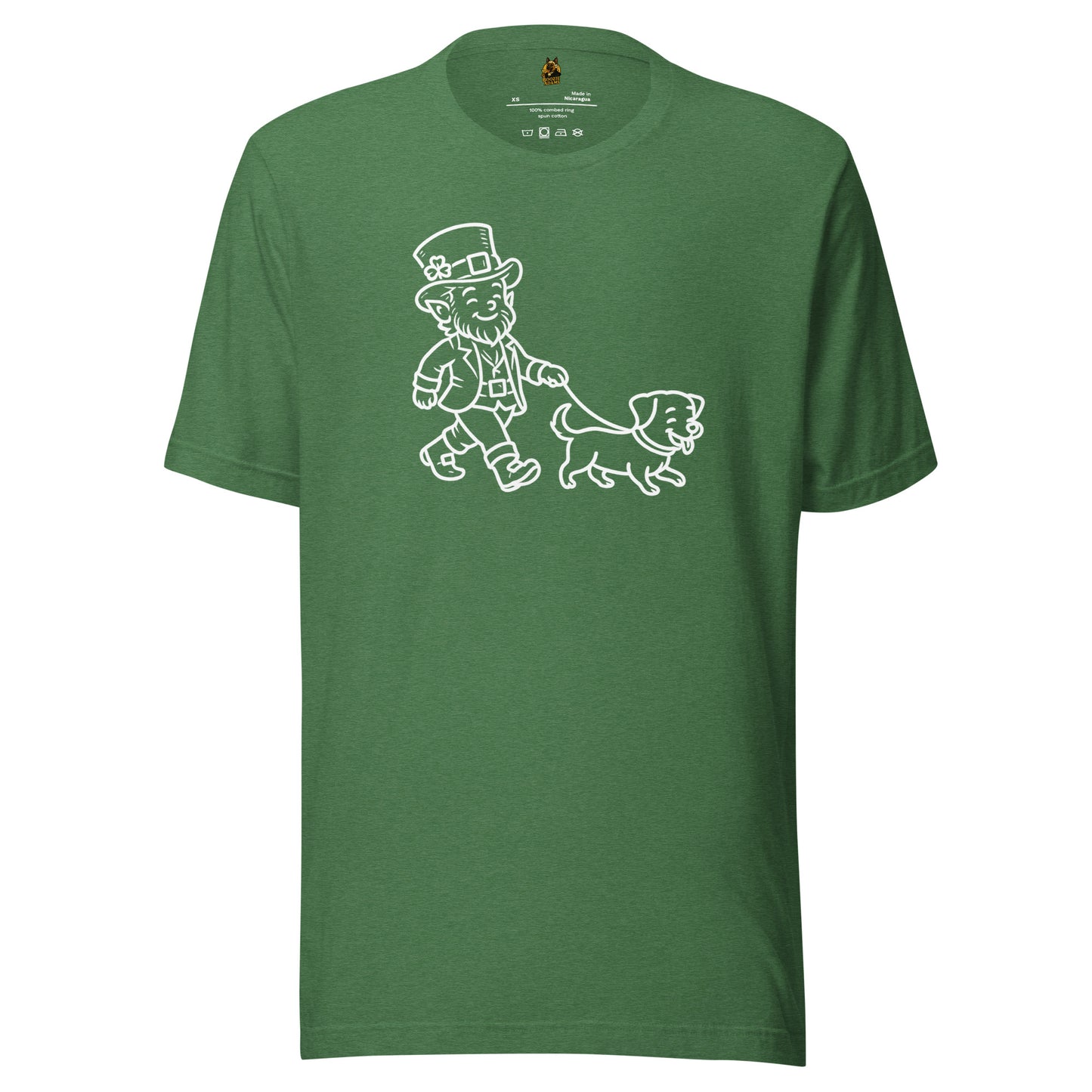Heather green unisex t-shirt with white graphic of a leprechaun and dog – Boozie Adams