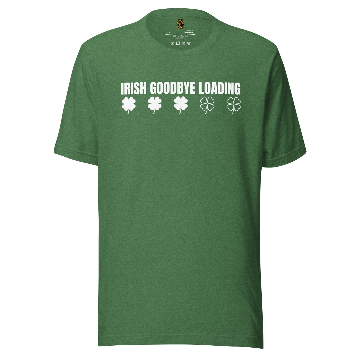 Heather green unisex t-shirt with 'Irish Goodbye Loading' text and shamrock graphics – Boozie Adams