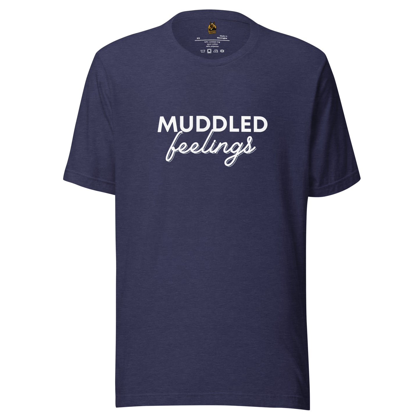 Navy blue unisex t-shirt with 'Muddled feelings' text – Boozie Adams