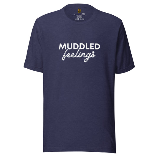Navy blue unisex t-shirt with 'Muddled feelings' text – Boozie Adams