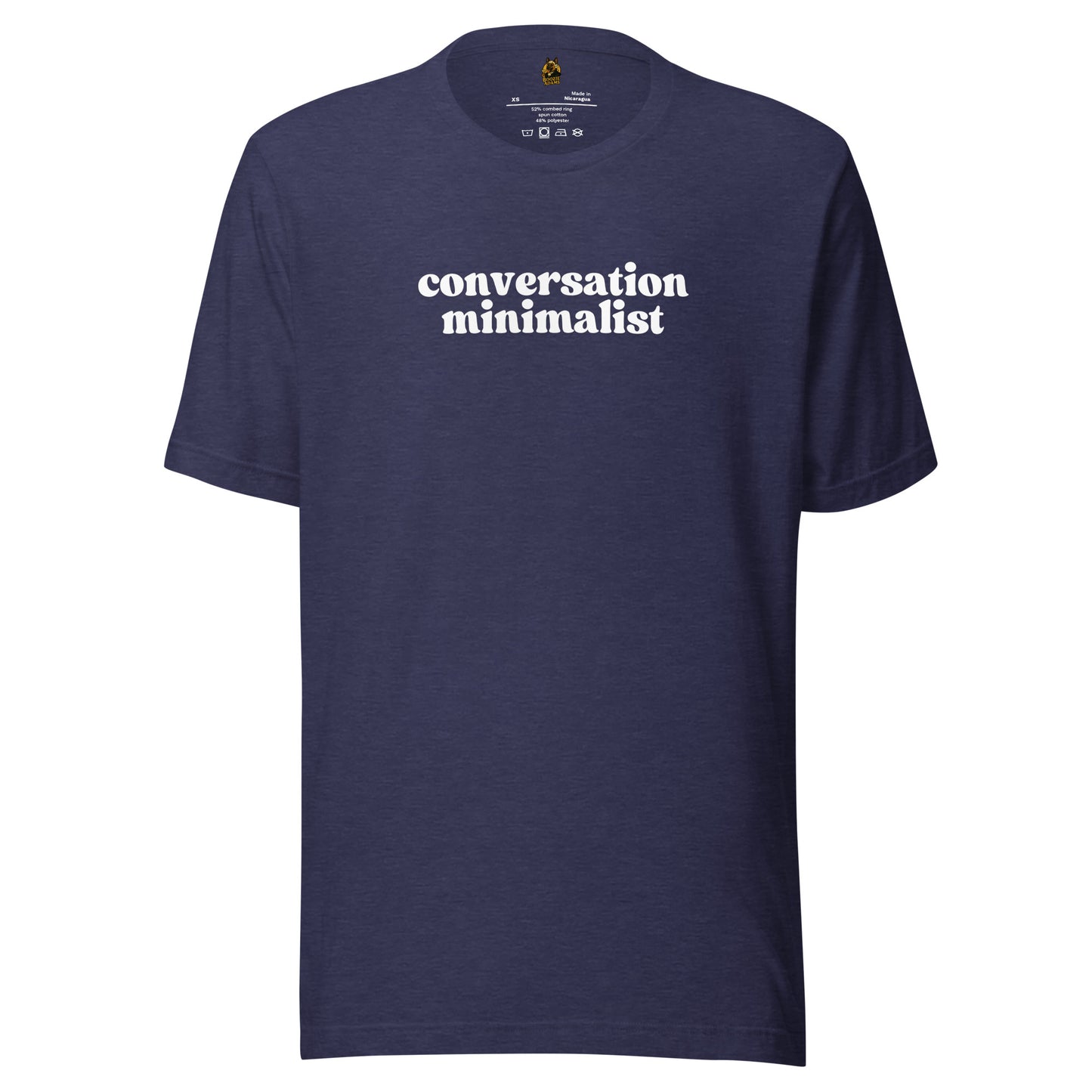 Heather navy unisex t-shirt with 'conversation minimalist' text – Boozie Adams