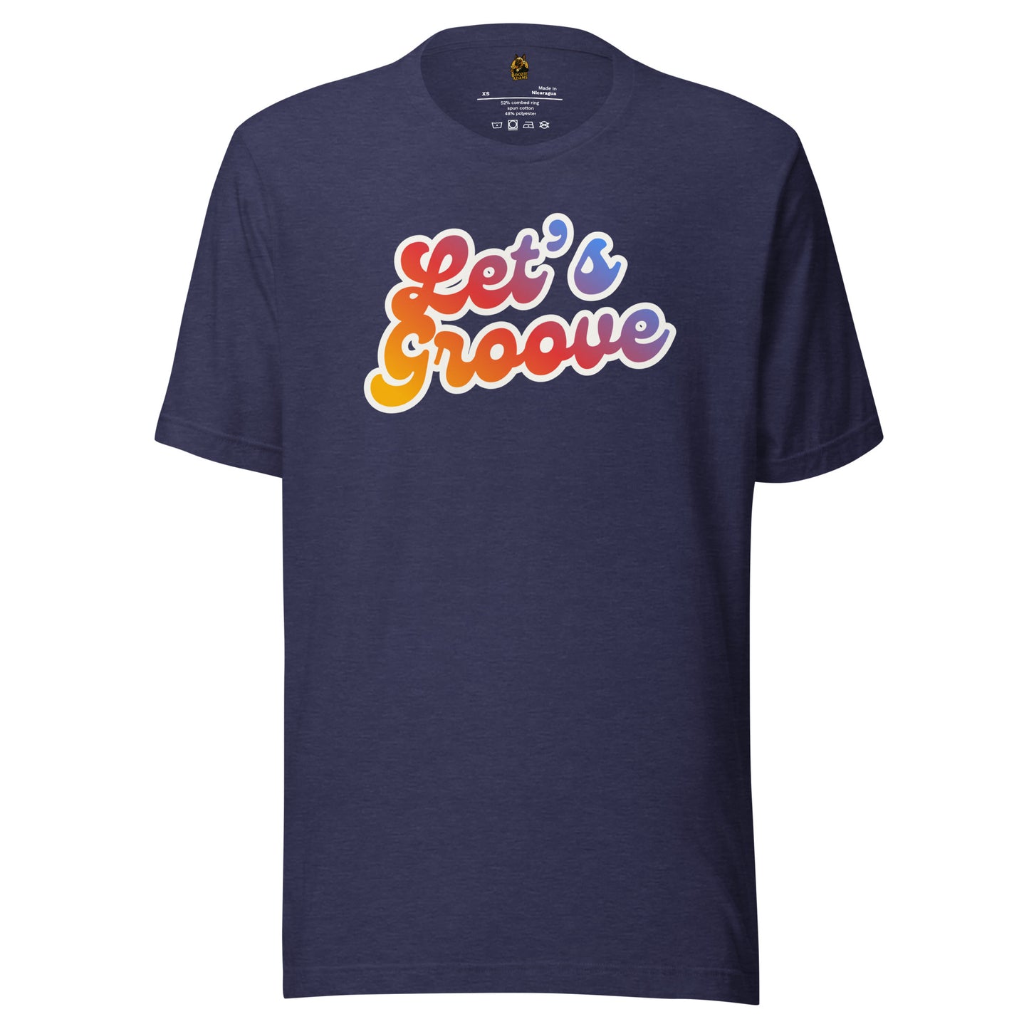 Heather navy unisex t-shirt with 'Let's Groove' text in colorful letters – Boozie Adams