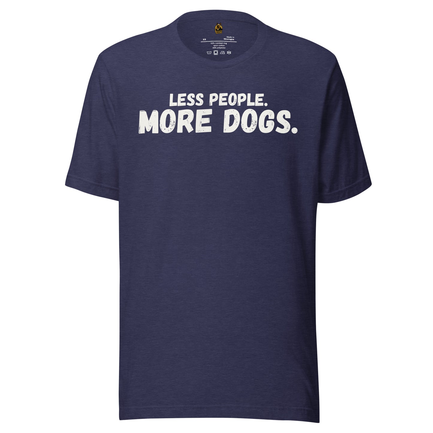 Heather navy unisex t-shirt with text 'LESS PEOPLE. MORE DOGS.' – Boozie Adams