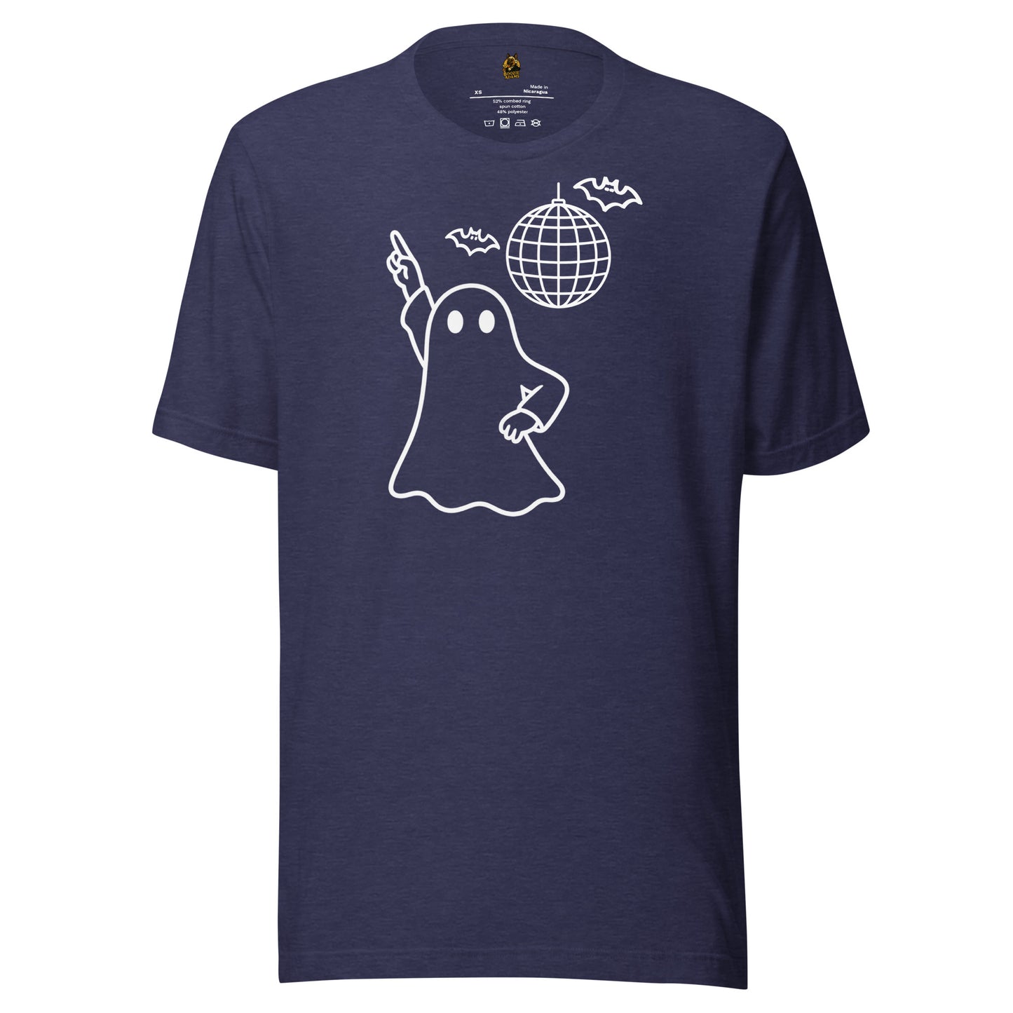 Dark heather navy unisex t-shirt with image of disco ghost, bats and disco ball – Boozie Adams