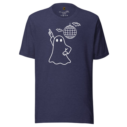 Dark heather navy unisex t-shirt with image of disco ghost, bats and disco ball – Boozie Adams