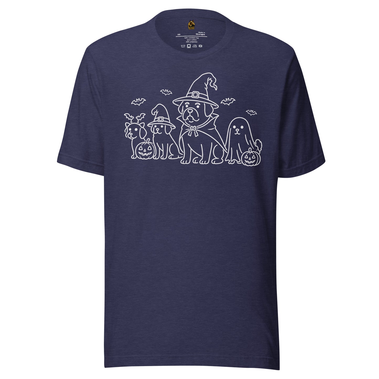 Navy unisex t-shirt with graphic of dogs dressed for halloween – Boozie Adams