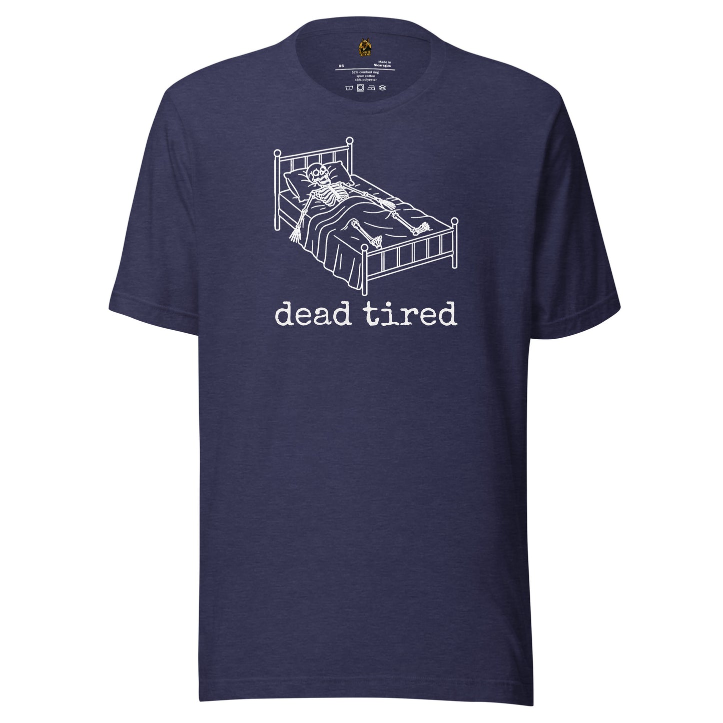 Navy unisex t-shirt with graphic of skeleton in bed and text 'dead tired' – Boozie Adams
