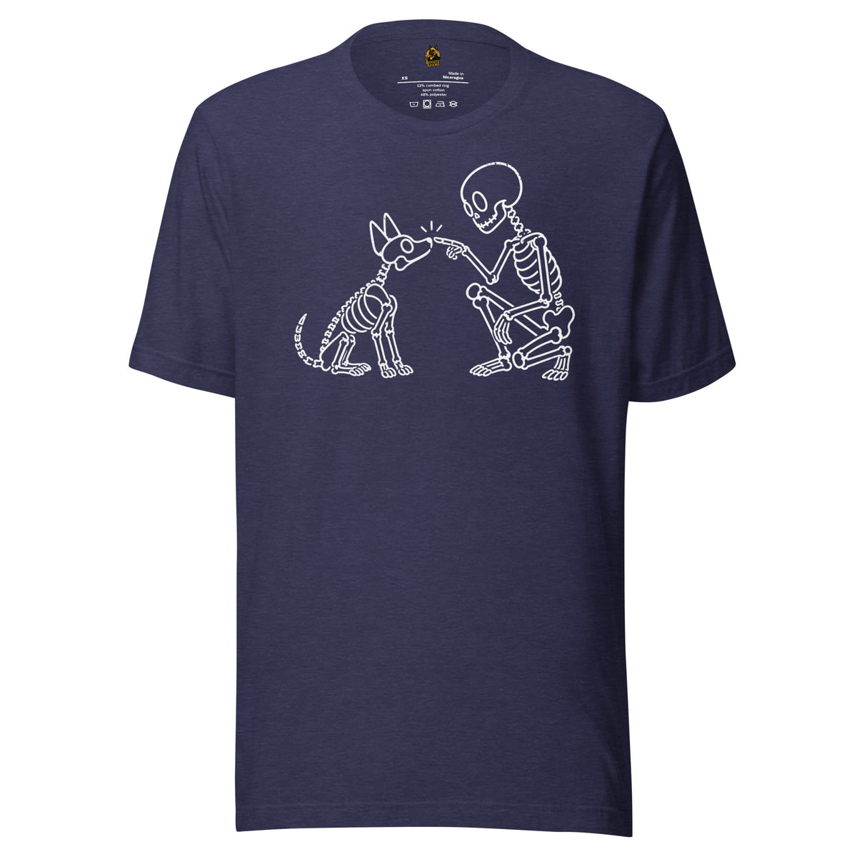 Heather navy unisex t-shirt with graphic of skeleton booping a skeleton dog's nose – Boozie Adams