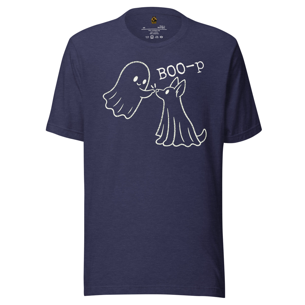 Navy unisex t-shirt with graphic of ghost booping ghost dog's nose and 'BOO-p' text – Boozie Adams