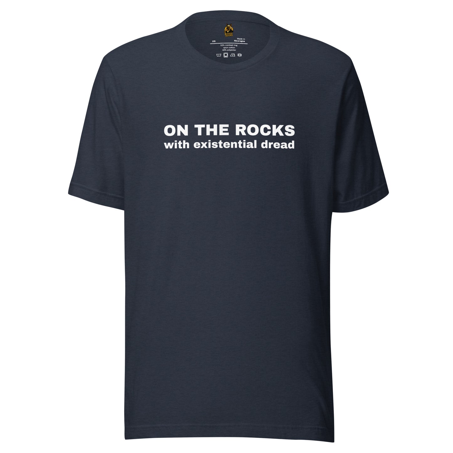 Navy blue unisex t-shirt with white text 'ON THE ROCKS with existential dread' – Boozie Adams