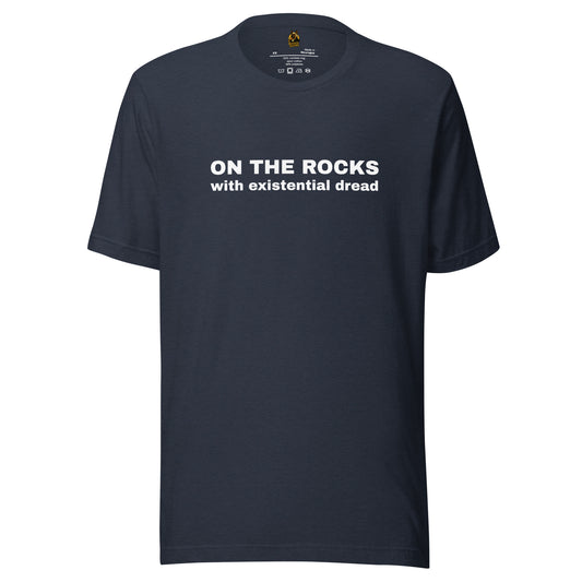 Navy blue unisex t-shirt with white text 'ON THE ROCKS with existential dread' – Boozie Adams
