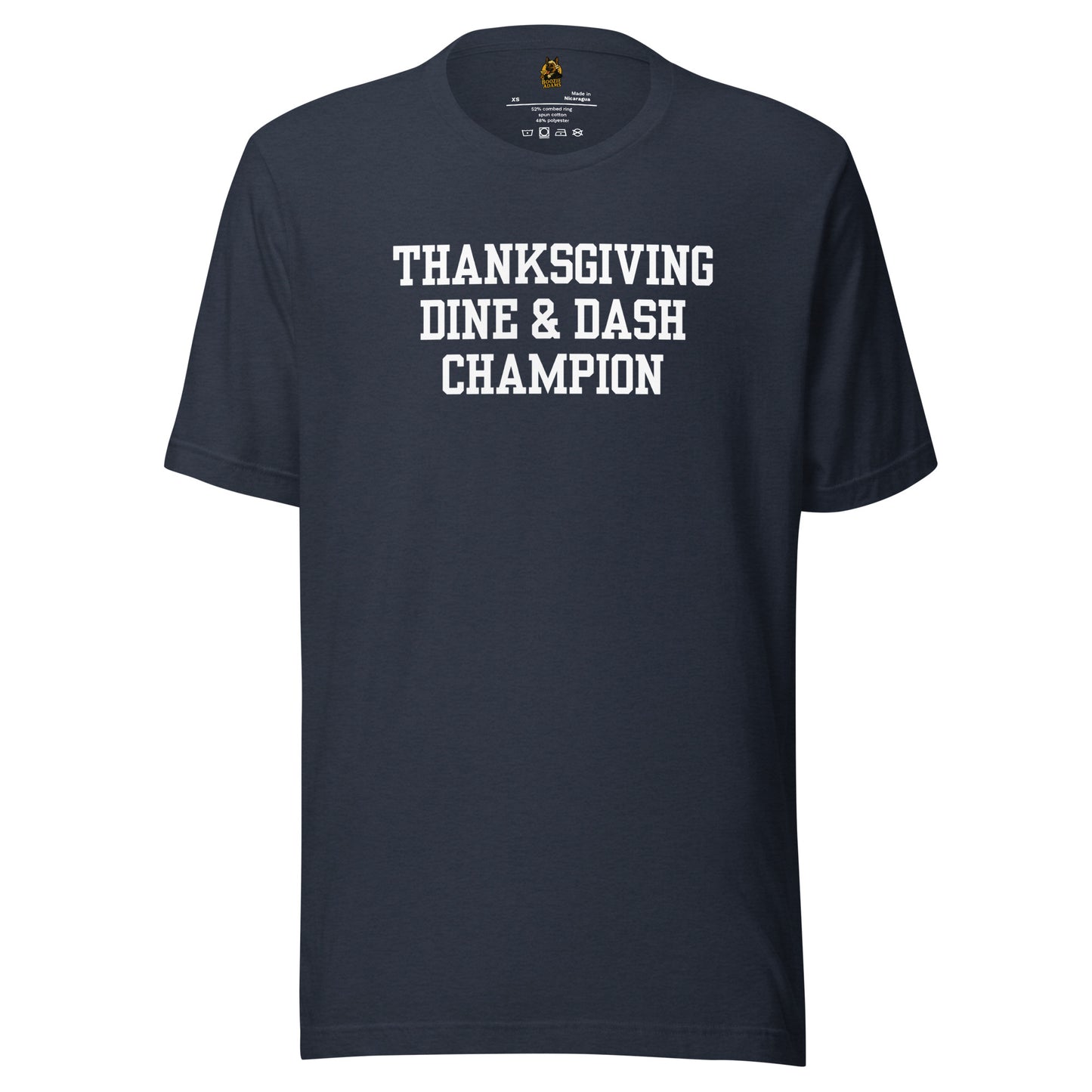 Blue unisex t-shirt with 'Thanksgiving Dine & Dash Champion' white text – Boozie Adams