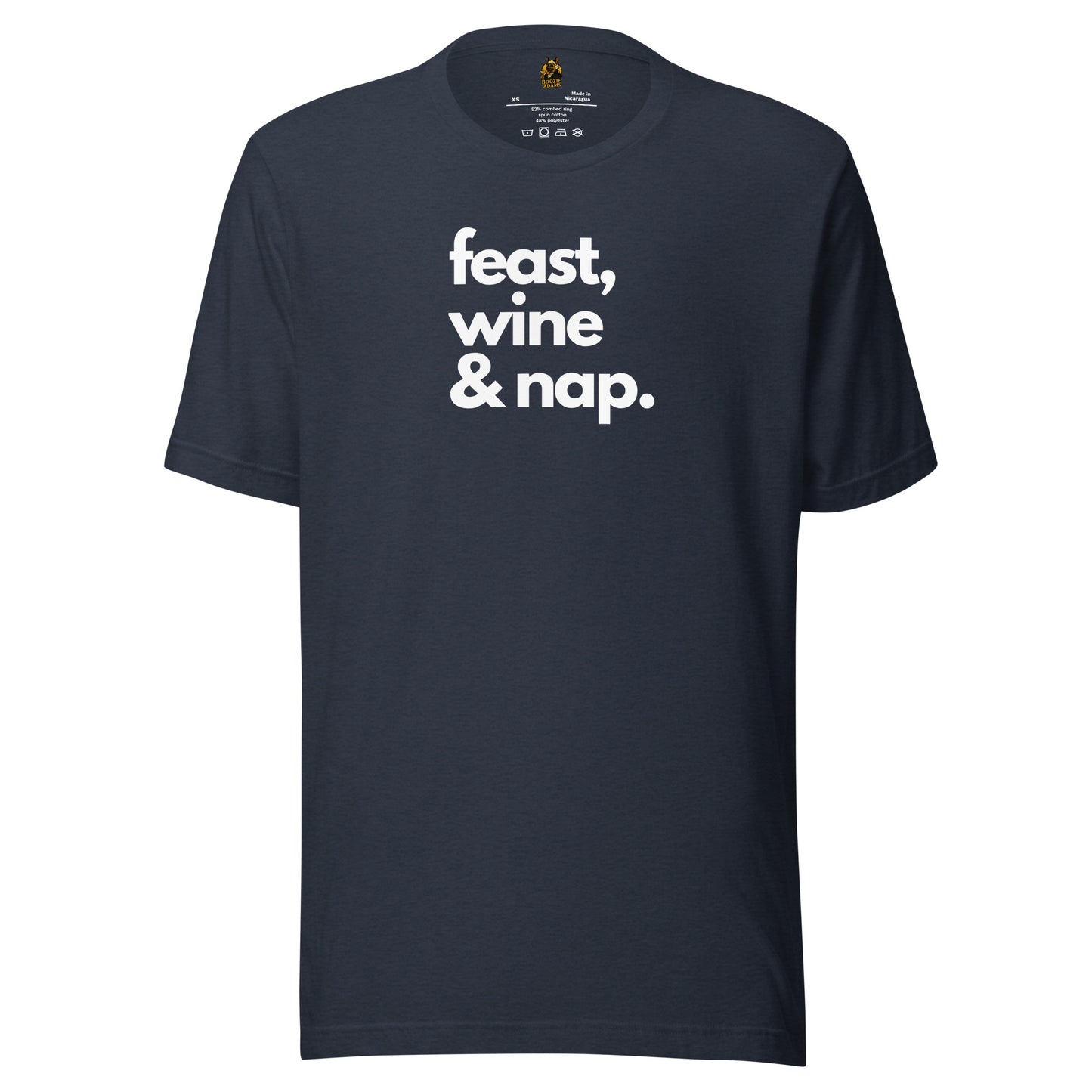 Navy blue unisex t-shirt with 'feast, wine & nap.' white text – Boozie Adams