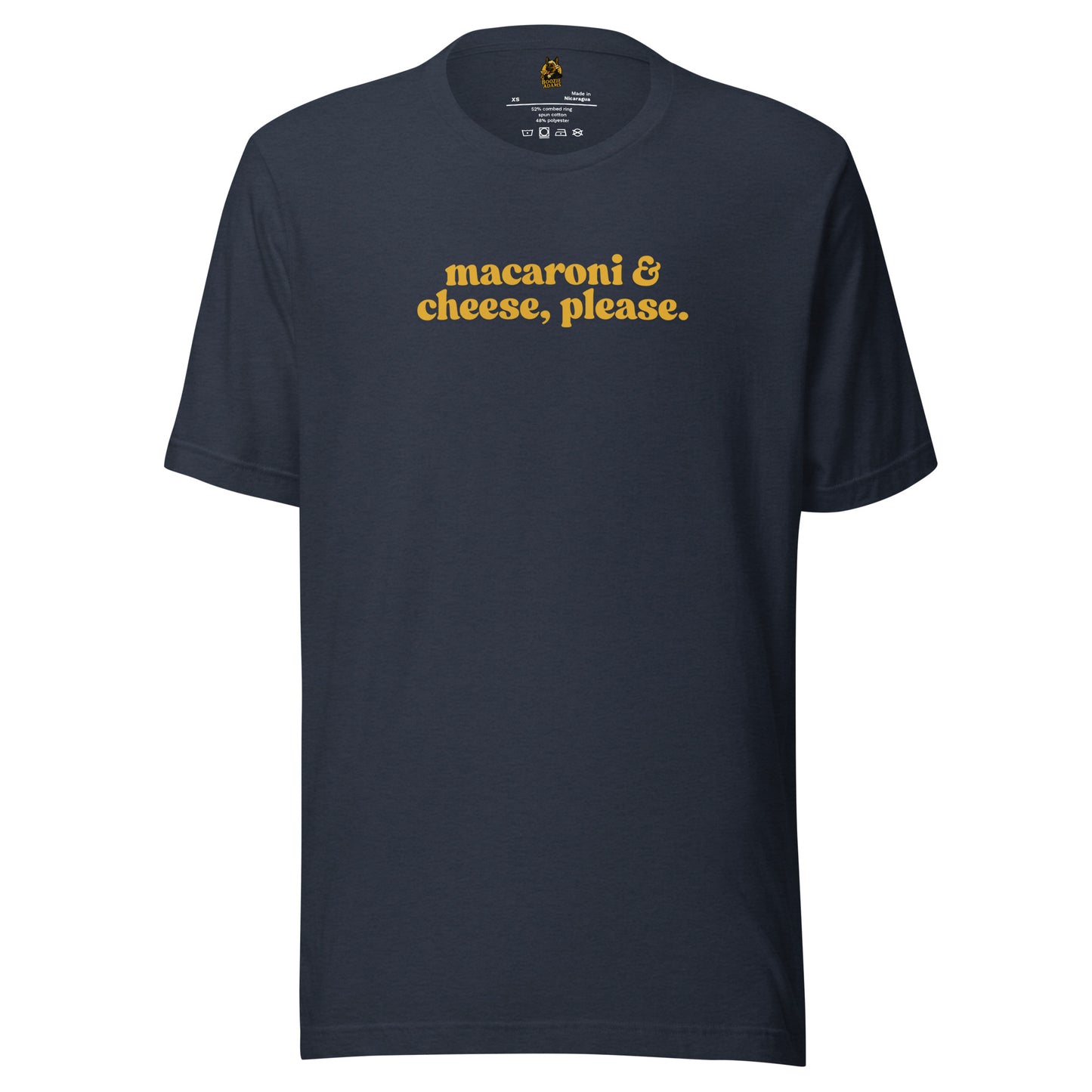 Navy blue unisex t-shirt with 'macaroni & cheese, please.' text in yellow – Boozie Adams