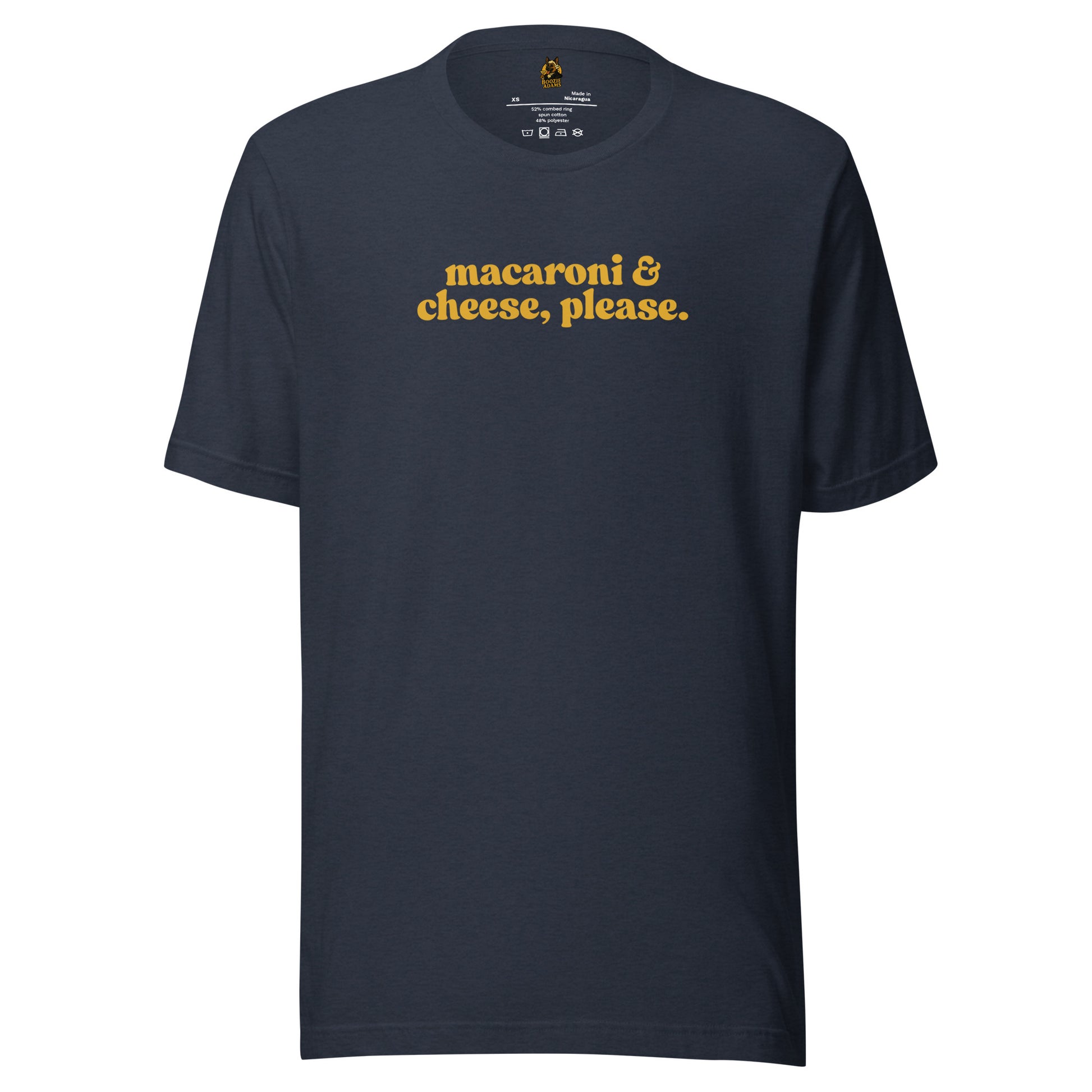 Navy blue unisex t-shirt with 'macaroni & cheese, please.' text in yellow – Boozie Adams