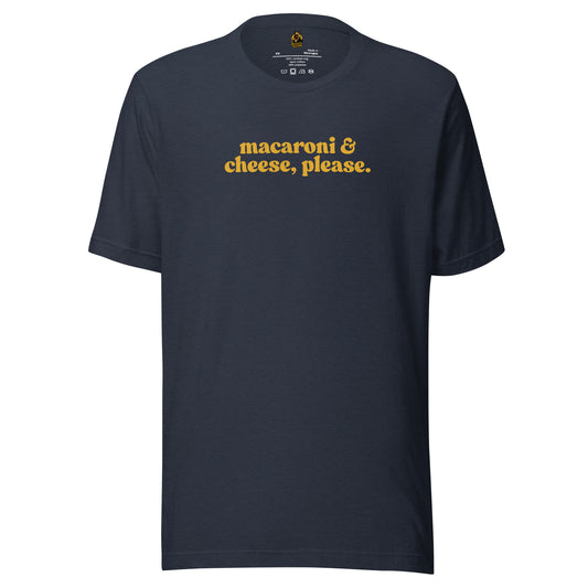 Navy blue unisex t-shirt with 'macaroni & cheese, please.' text in yellow – Boozie Adams