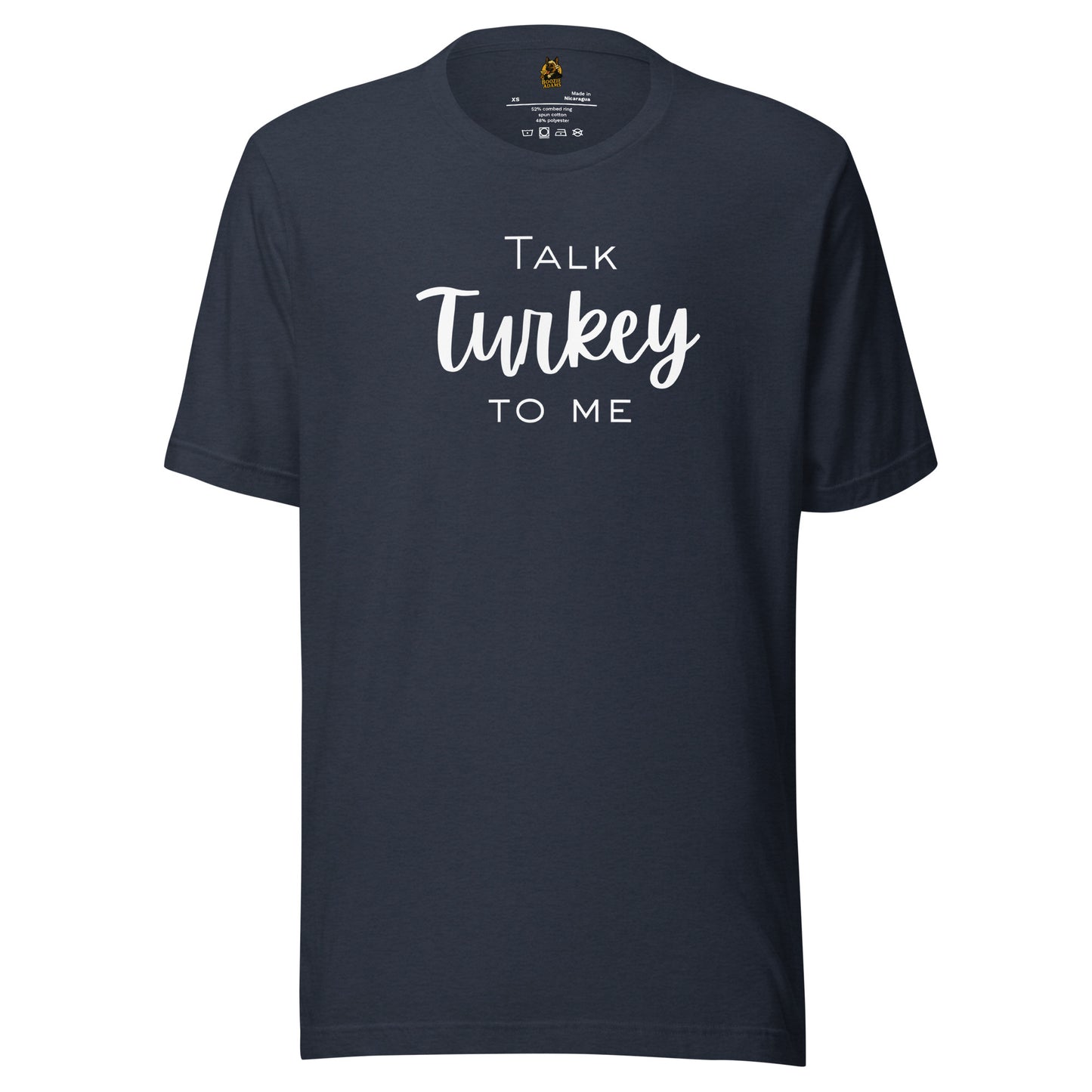 Blue unisex t-shirt with 'Talk Turkey To Me' white text – Boozie Adams