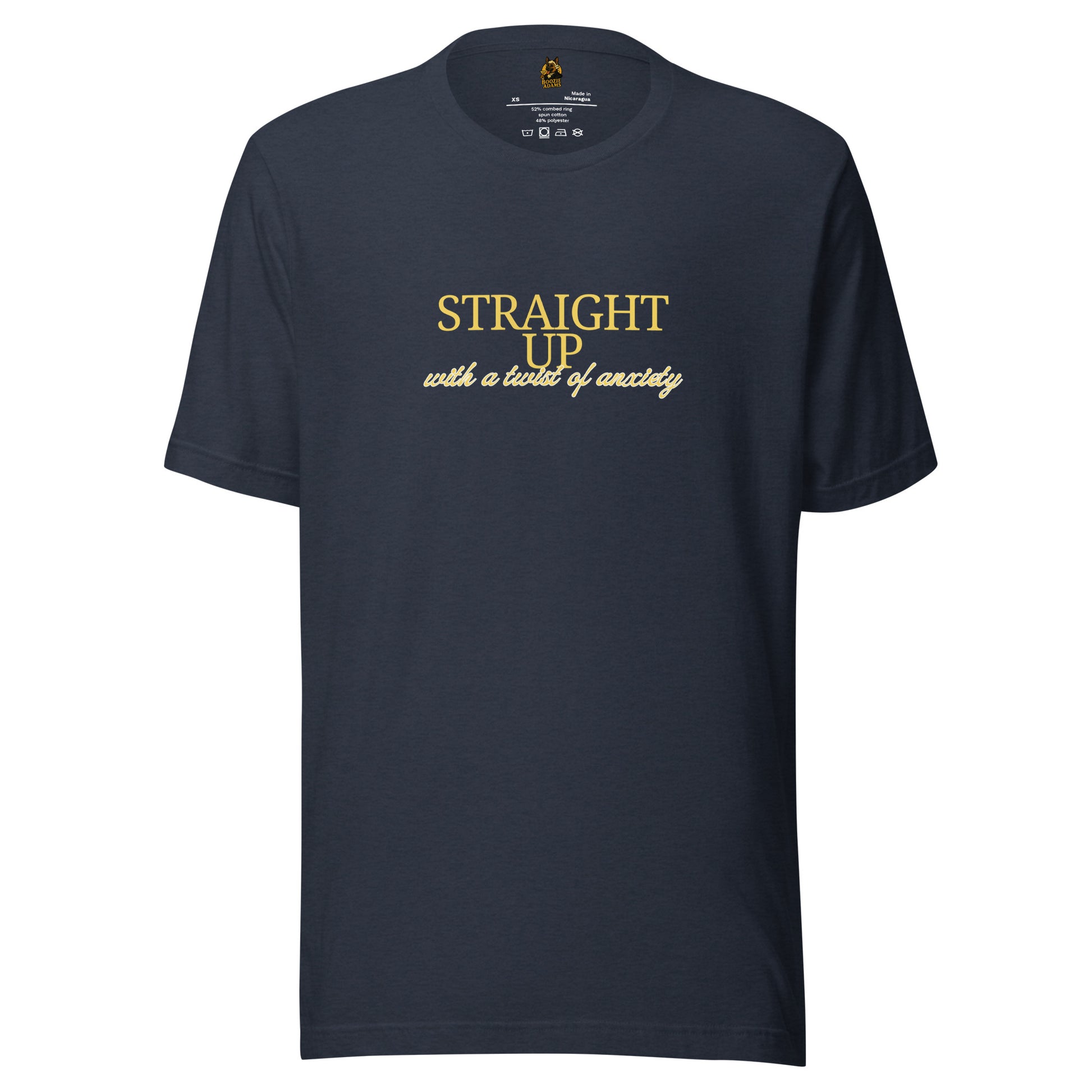 Heather blue unisex t-shirt with gold 'Straight up with a twist of anxiety' text – Boozie Adams