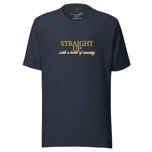 Heather blue unisex t-shirt with gold 'Straight up with a twist of anxiety' text – Boozie Adams