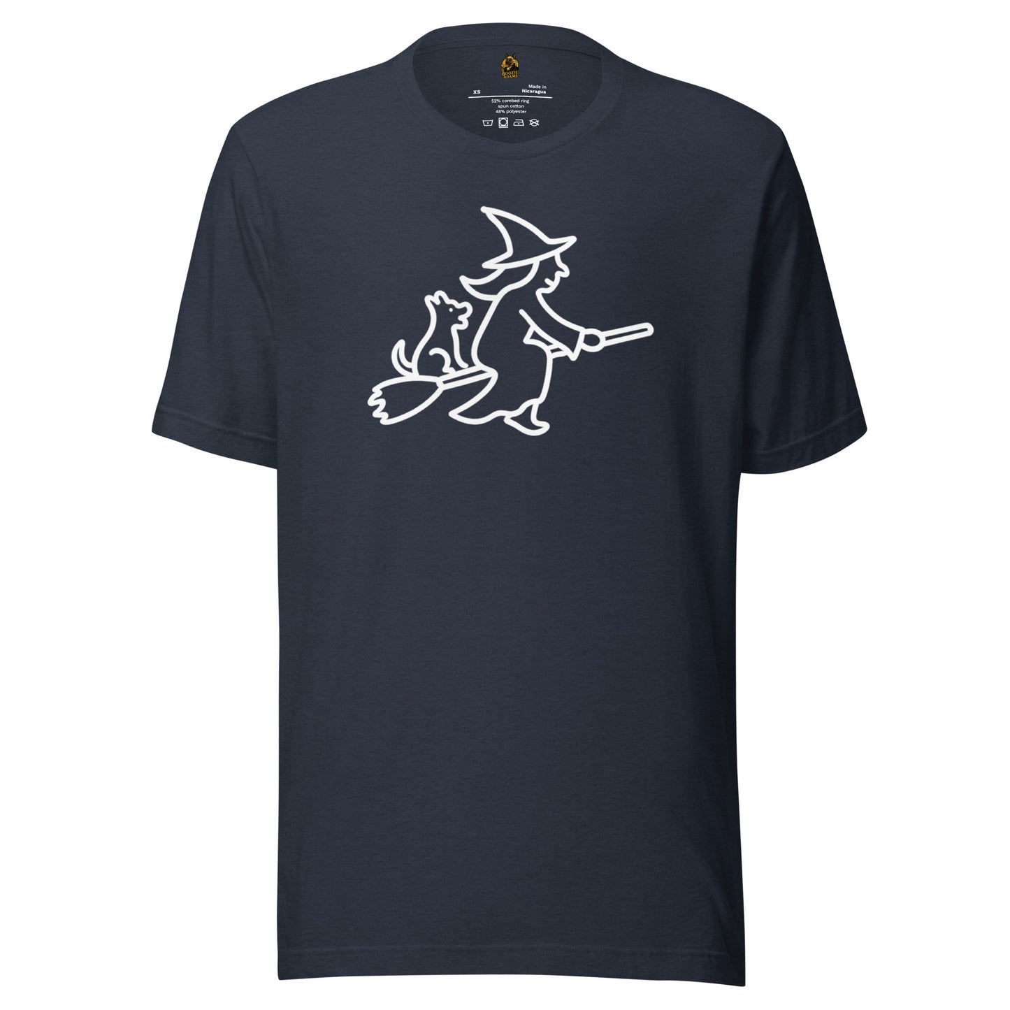 Heather Blue unisex t-shirt with a white witch on a broom with a dog graphic – Boozie Adams