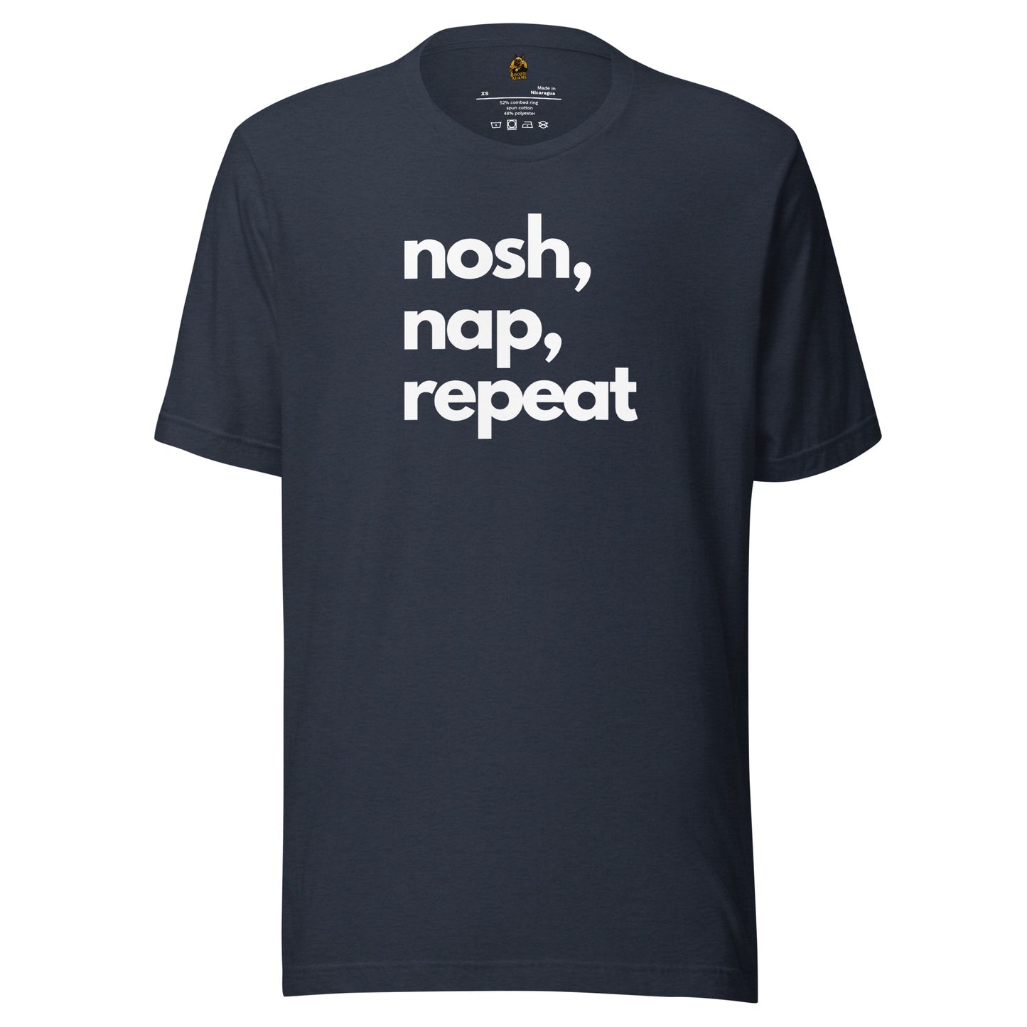 Navy blue unisex t-shirt with 'nosh, nap, repeat' text in white – Boozie Adams