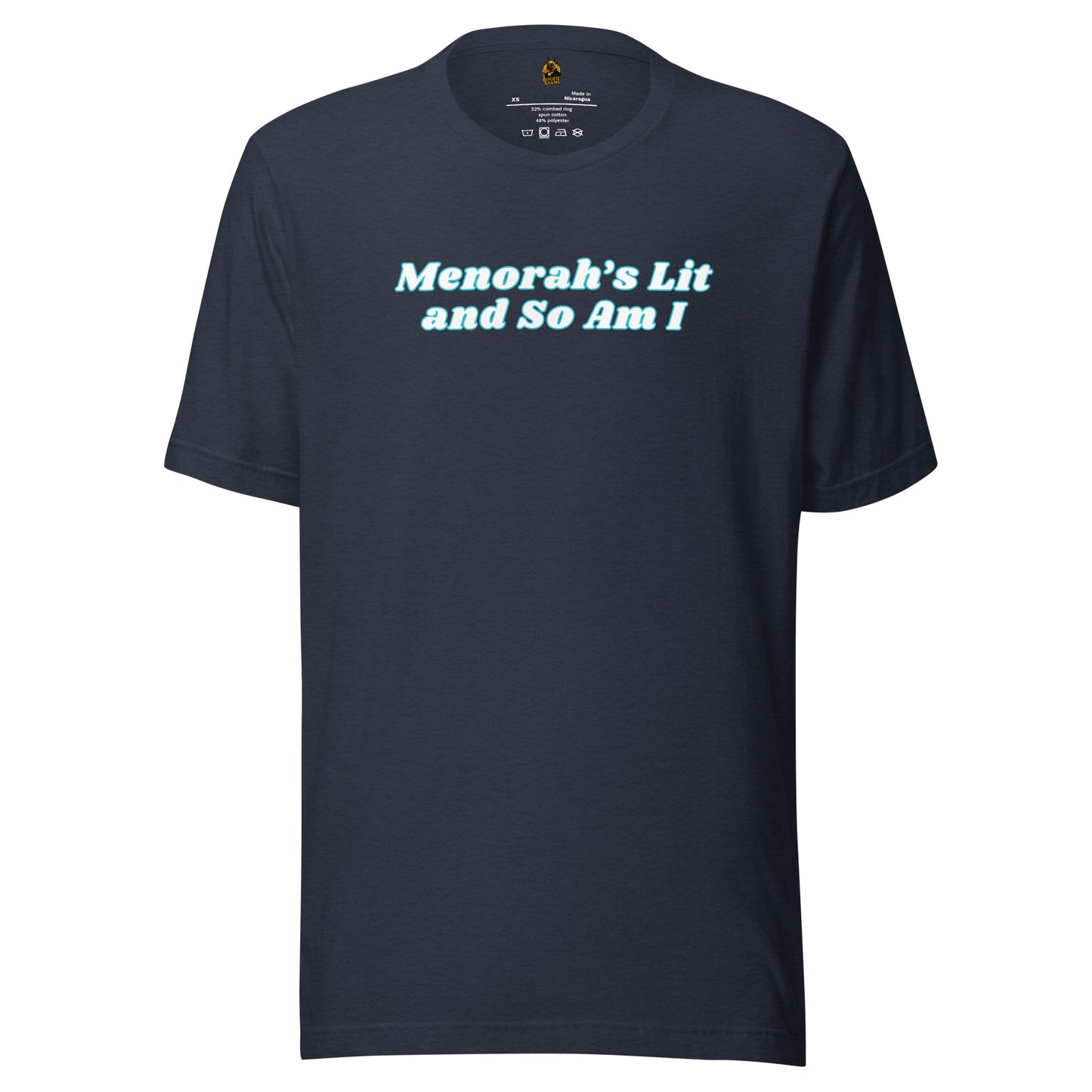 Navy blue unisex t-shirt with white text 'Menorah's Lit and So Am I' – Boozie Adams