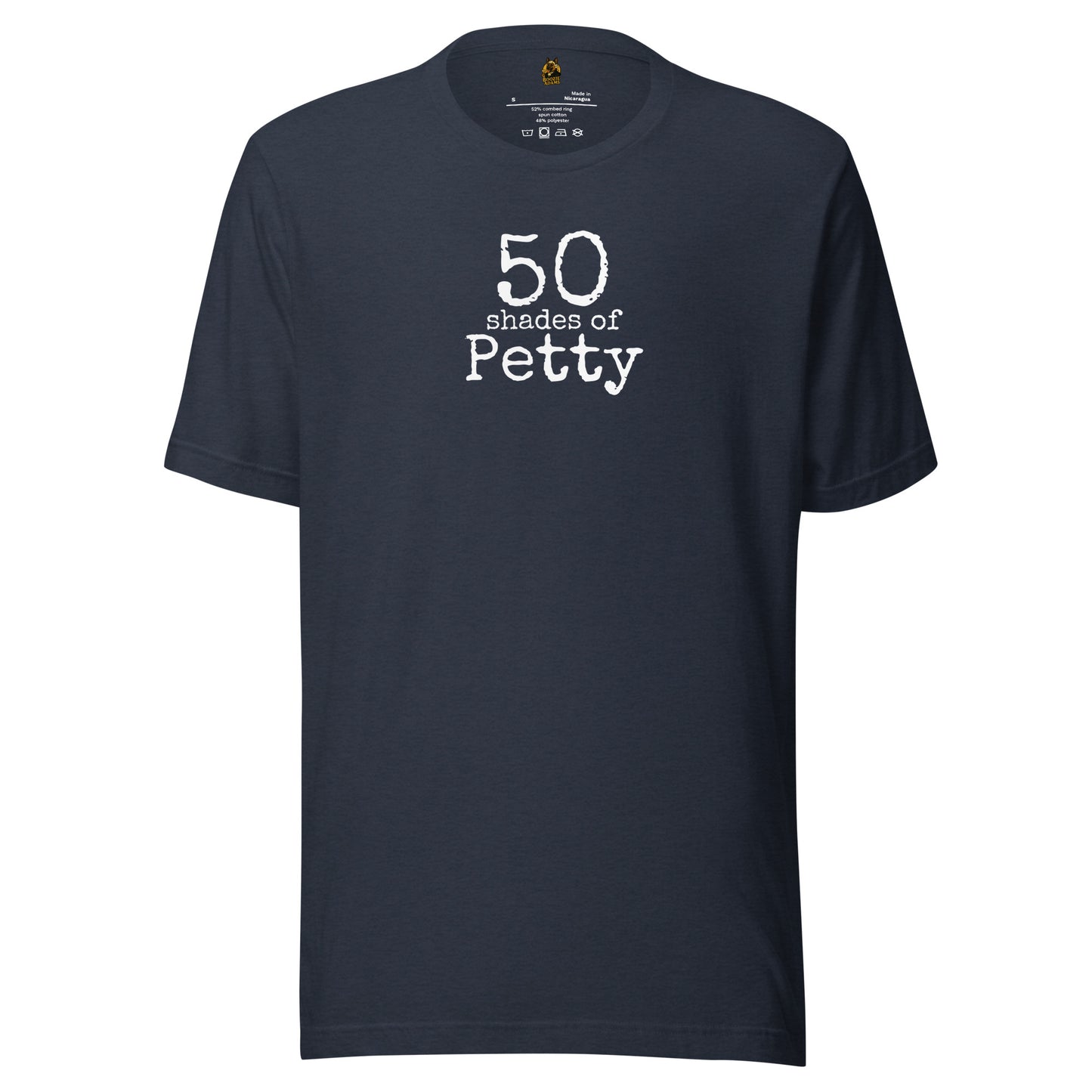 Heather navy t-shirt with '50 shades of Petty' text in white – Boozie Adams