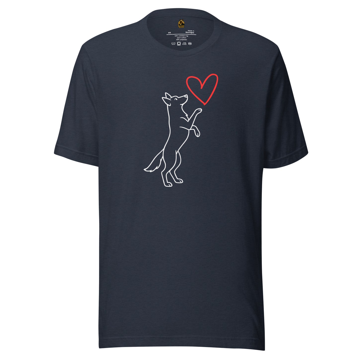 Navy blue unisex tshirt with graphic of white dog reaching up to red heart – Boozie Adams