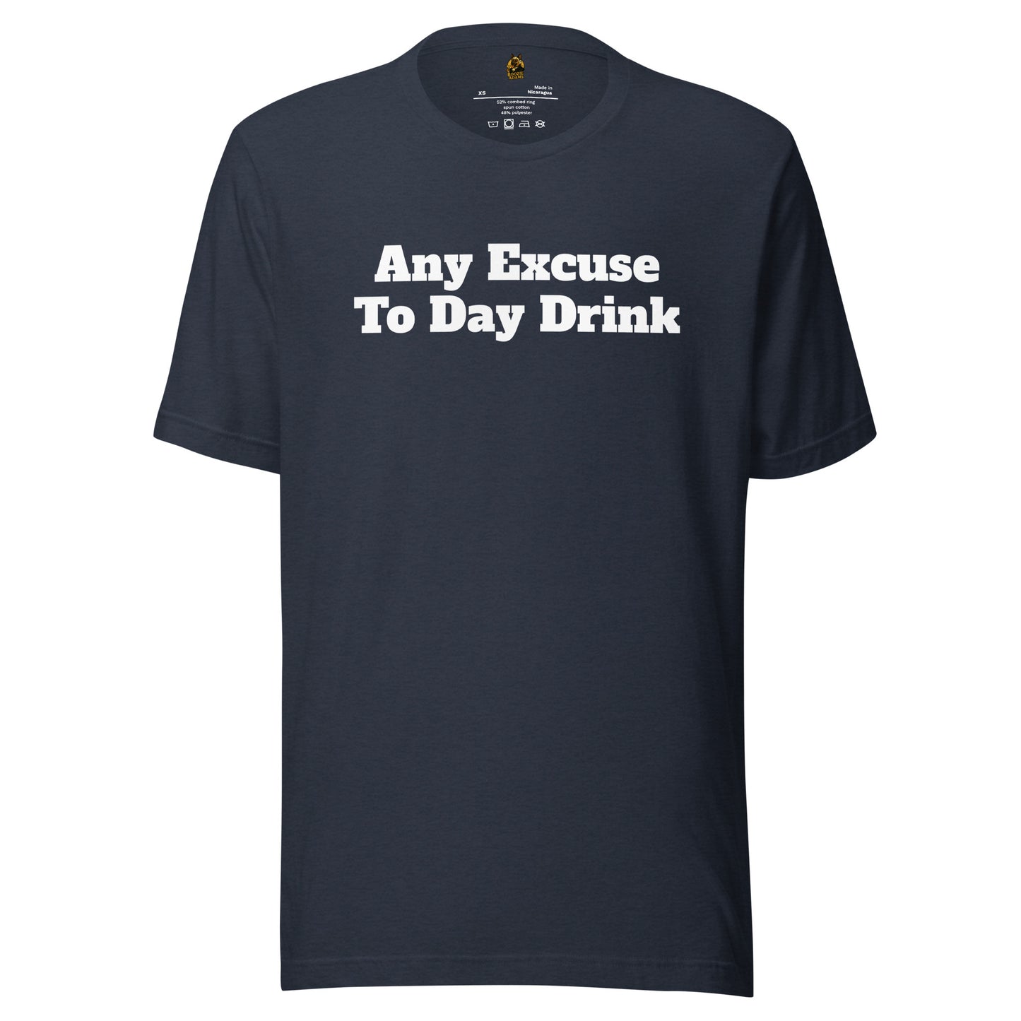 Heather navy unisex t-shirt with white text 'Any Excuse To Day Drink' in white – Boozie Adams