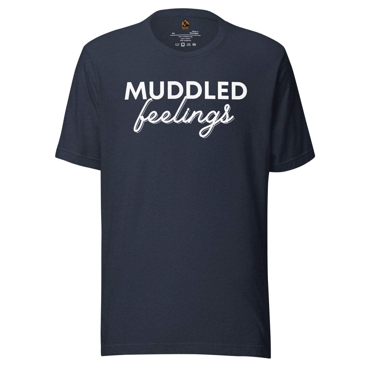 Heather navy unisex t-shirt with 'Muddled Feelings' text – Boozie Adams